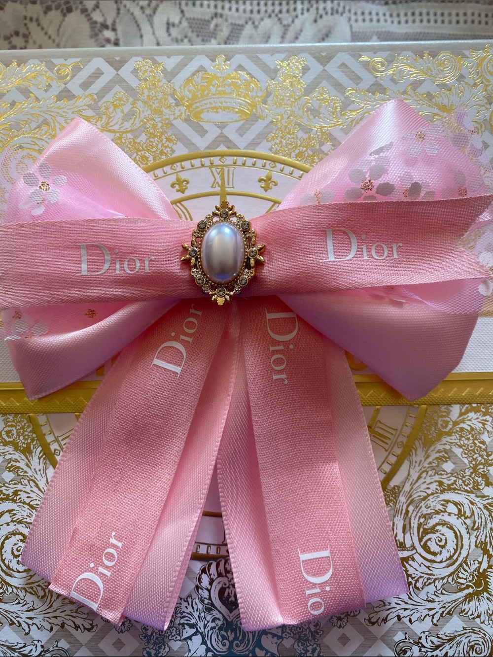 Handmade Dior Hairclip Pink Ribbon Bow with Pearl-Centered Brooch